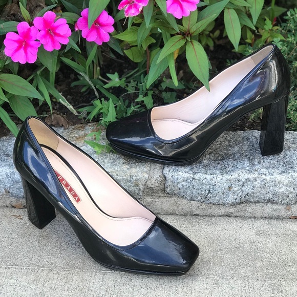 Prada Women's Patent Leather Pumps Heels Square Toe Slip On Stacked HeeI Black - Picture 3 of 16